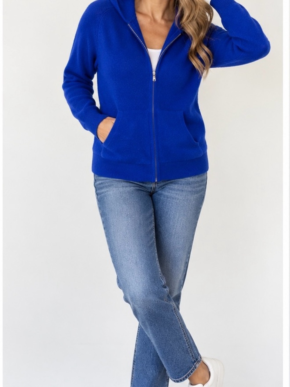 Charter Club Women’s M Royal Blue 100% Cashmere Zip Up Hoodie Hooded Pockets